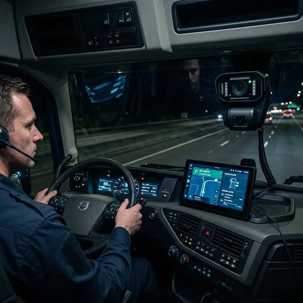 Driver in a commercial truck at night with digital dashboard and navigation system.