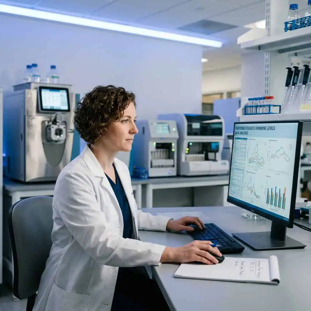 A female scientist in a laboratory working on data analysis with a computer displaying scientific graphs and charts, emphasizing research, innovation, and scientific progress.