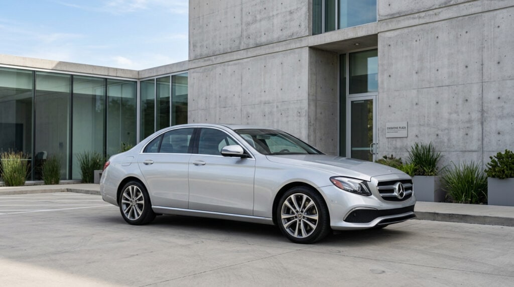 A sleek silver Mercedes-Benz sedan parked outside a contemporary building with minimalist architecture, large glass windows, and landscaped surroundings, showcasing luxury and style.