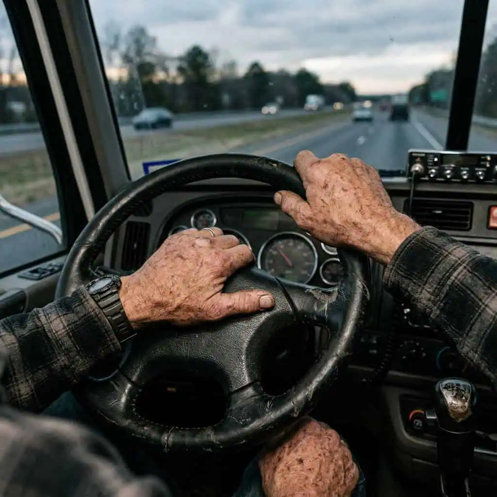Close-up of an elderly person's hands gripping a truck steering wheel while driving on a highway during dusk, emphasizing experience and road safety.