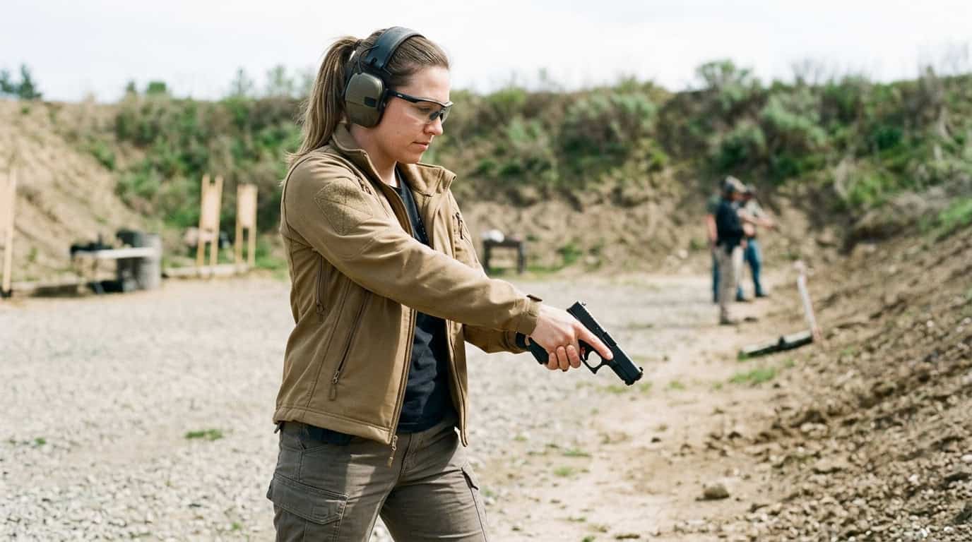 Woman practicing firearm shooting at outdoor gun range, wearing protective headphones and safety glasses, with targets in the background.