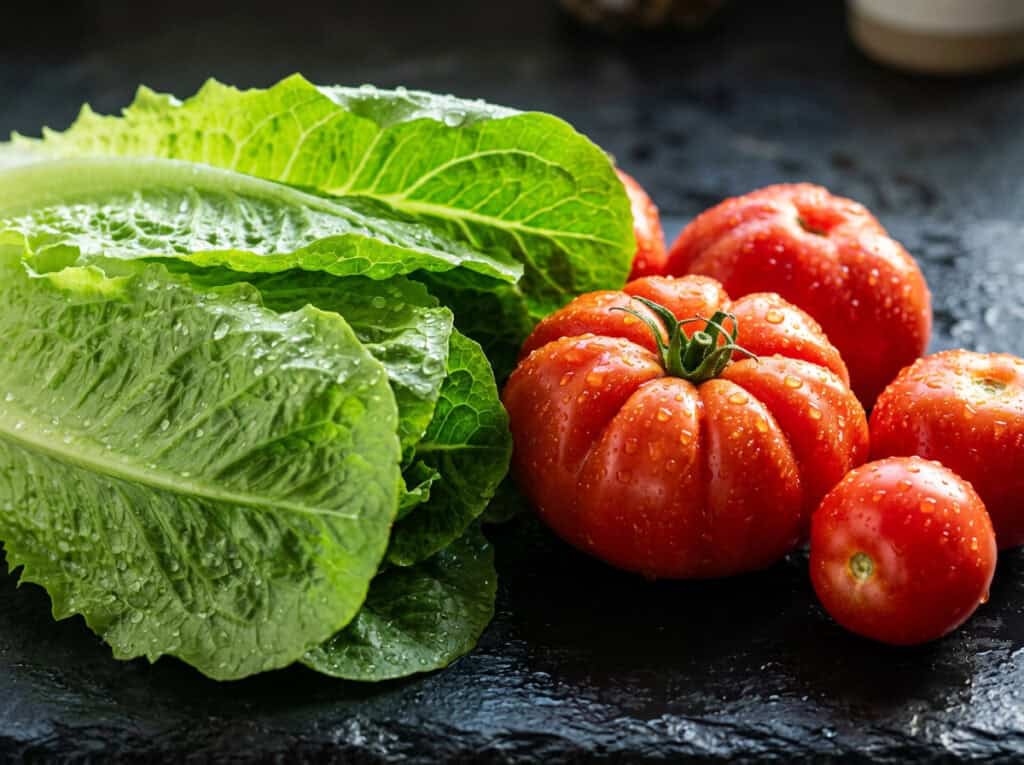 Fresh lettuce and heirloom tomatoes on a dark surface, emphasizing healthy food options for budget-friendly and sustainable eating during shortages and inflation.