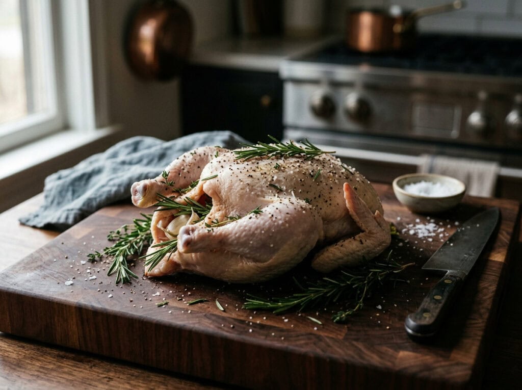 Fresh raw whole chicken on a cutting board with herbs, salt, and a knife, ideal for healthy food swaps during shortages and inflation.