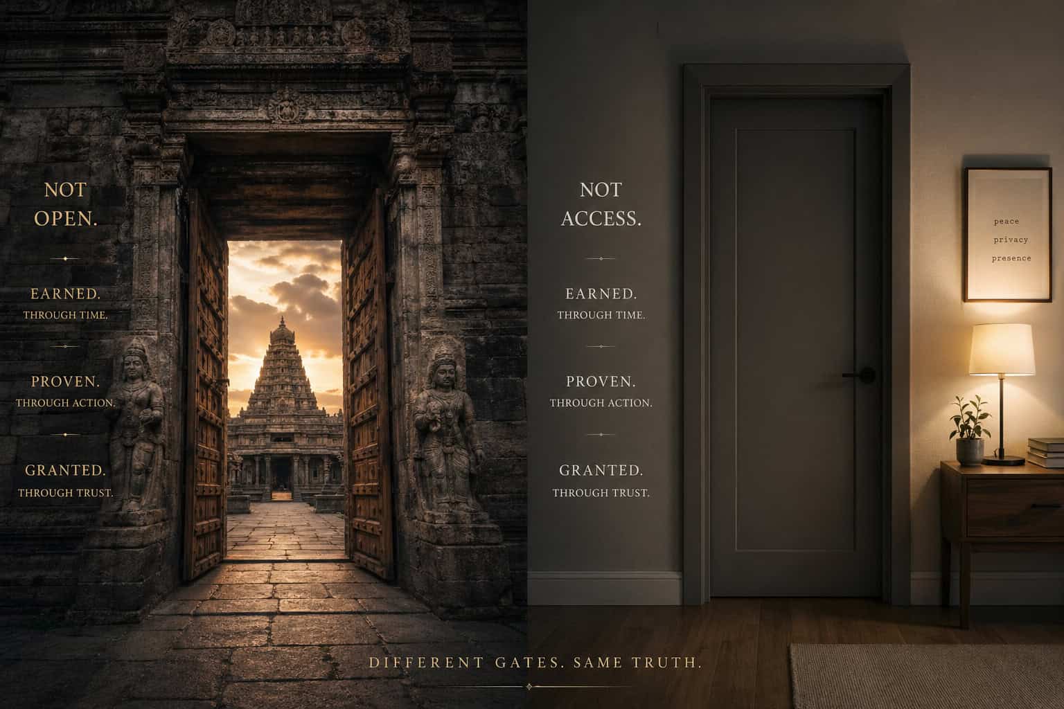 Side-by-side images of contrasting gates—one ancient and open, revealing a temple at sunset, and the other modern and closed, inside a cozy room—highlighting themes of access, trust, and authenticity.