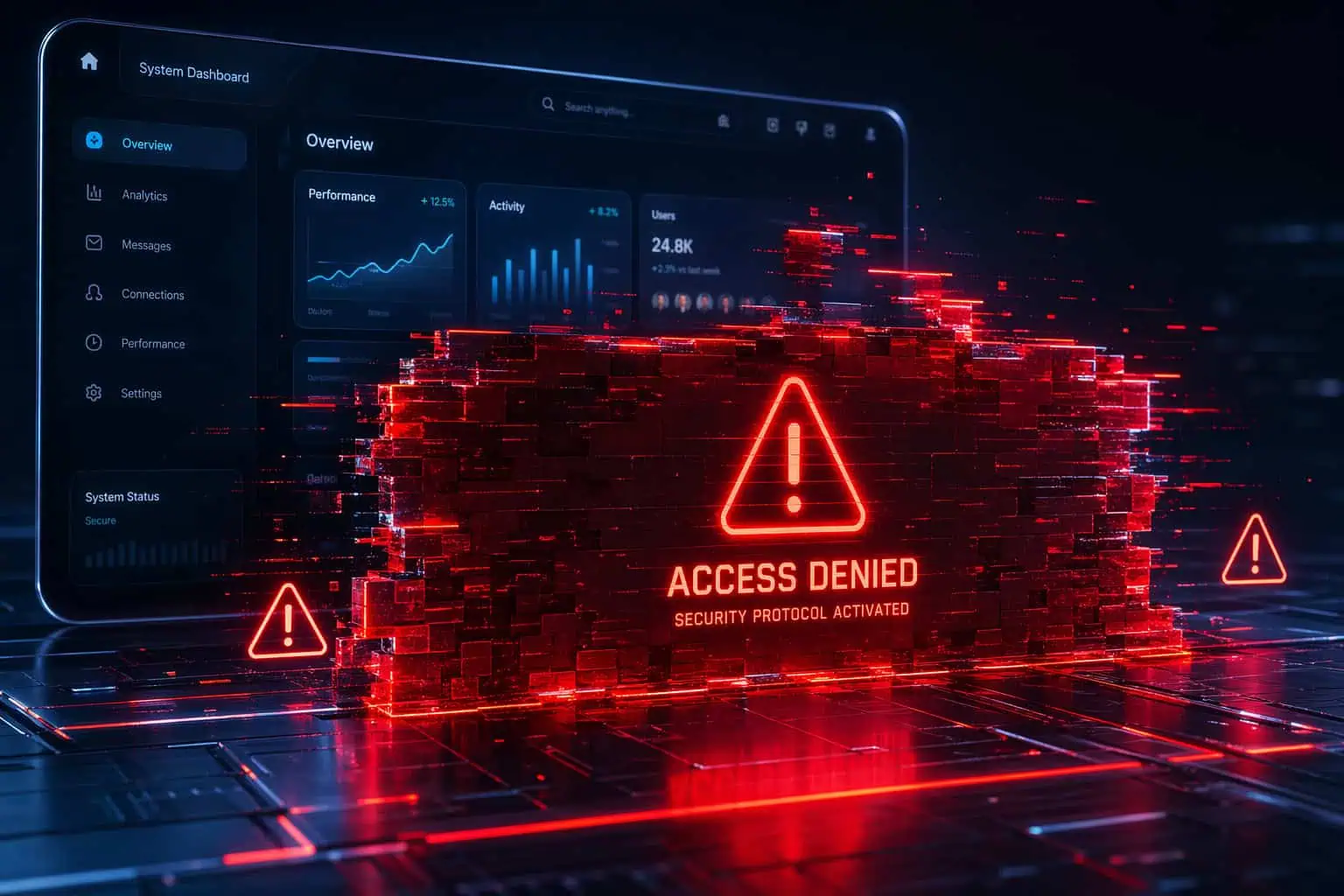 Digital security breach alert with a red warning sign on a computer screen, indicating access denial and activated security protocols.