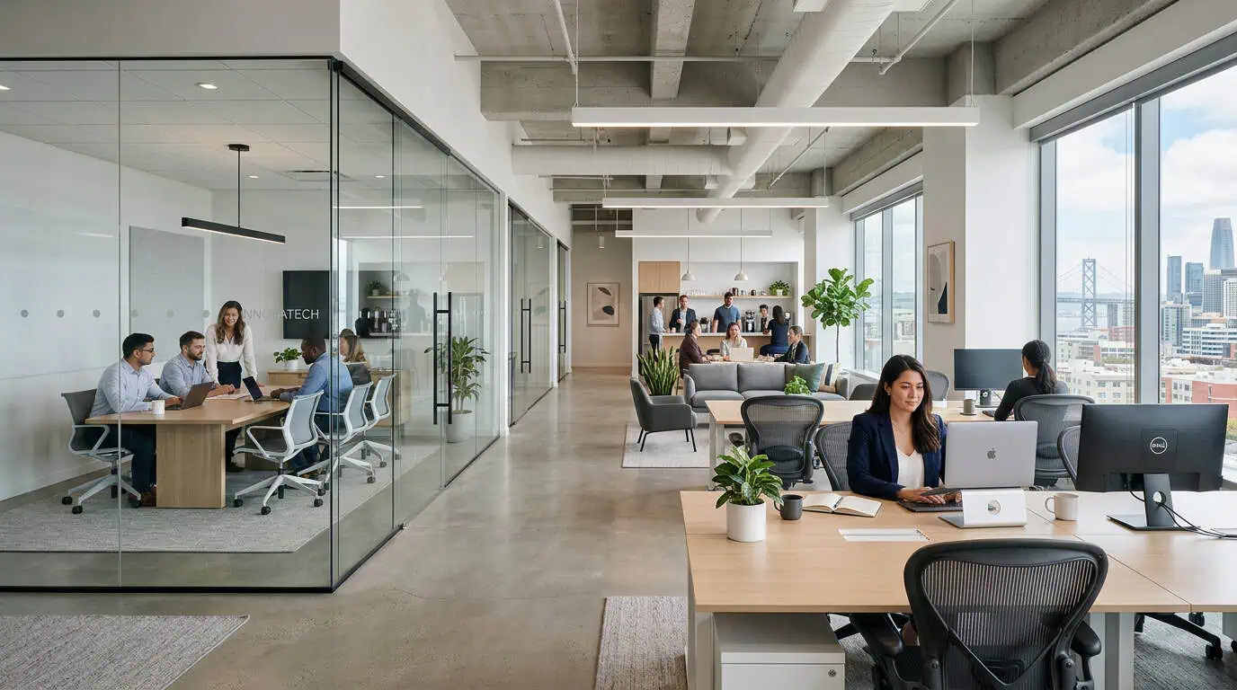 A modern tech-hub office setting requiring a specific approach to the smart casual code.