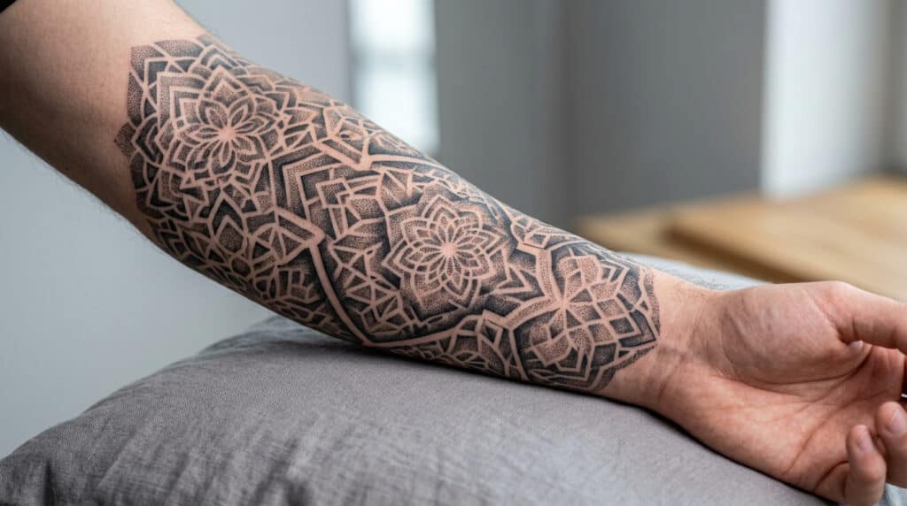 A detailed geometric tattoo design on a man's forearm, featuring intricate patterns and symmetrical shapes. The tattoo showcases bold lines and shading, highlighting contemporary tattoo art.