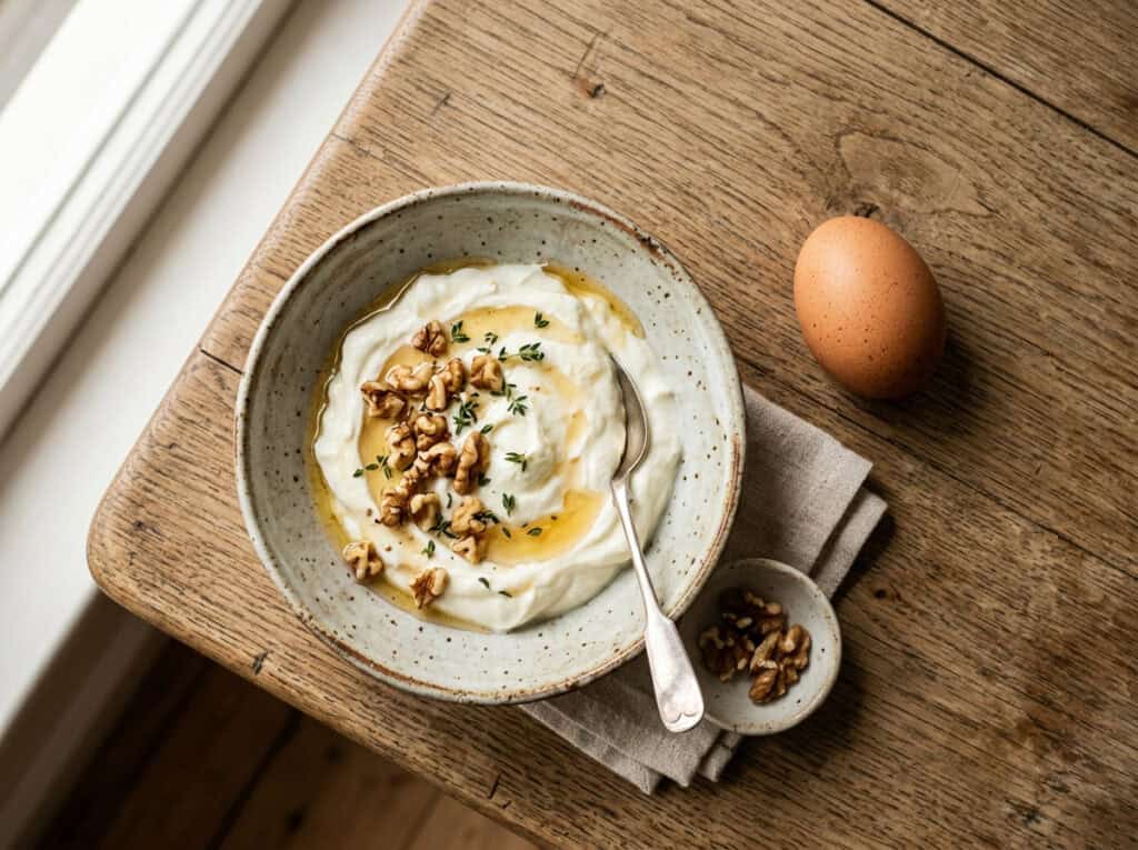 Bowl of creamy yogurt topped with walnuts, honey, and herbs, placed on a wooden table near a fresh egg, illustrating healthy food swaps for nutrition during shortages and inflation.