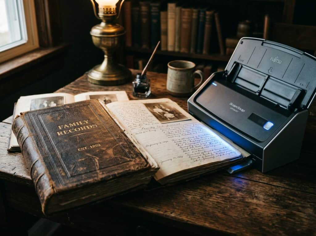 A vintage typewriter and open family photo albums on a wooden desk, illuminated by warm light, creating a nostalgic atmosphere perfect for storytelling or historical documentation.