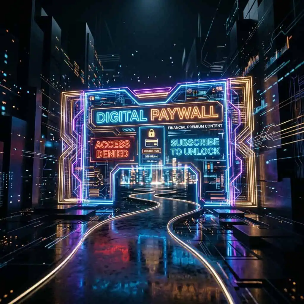 A futuristic digital paywall interface with neon signs displaying "Access Denied" and "Subscribe to Unlock" in a high-tech cityscape setting.
