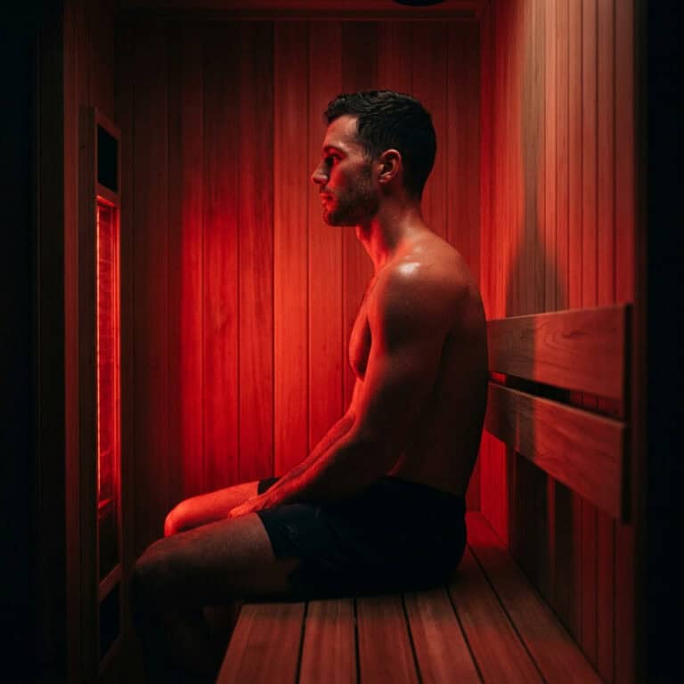 Man sitting in infrared sauna, enjoying relaxation and wellness benefits, with warm red lighting and wooden interior.