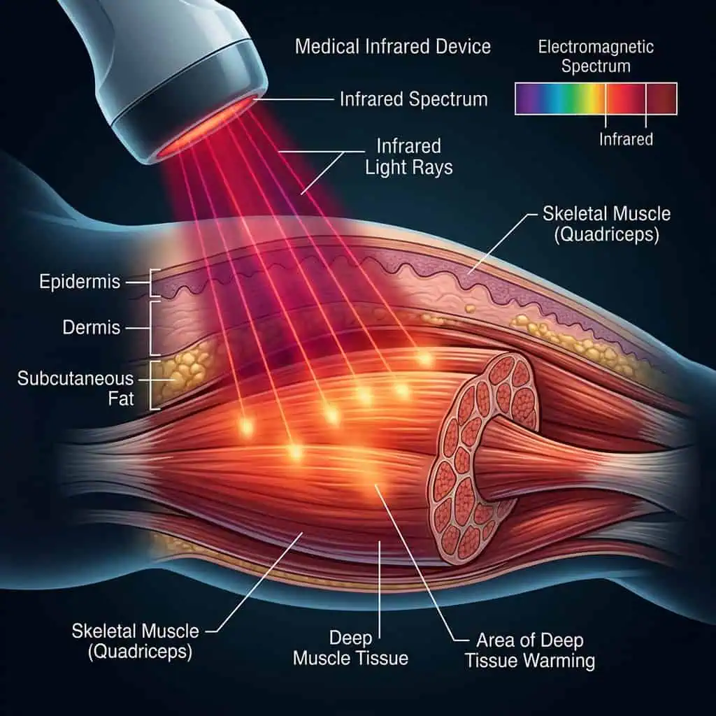 Illustration of a medical infrared device targeting human skeletal muscle, showing infrared spectrum, light rays, and tissue layers including epidermis, dermis, and fat.