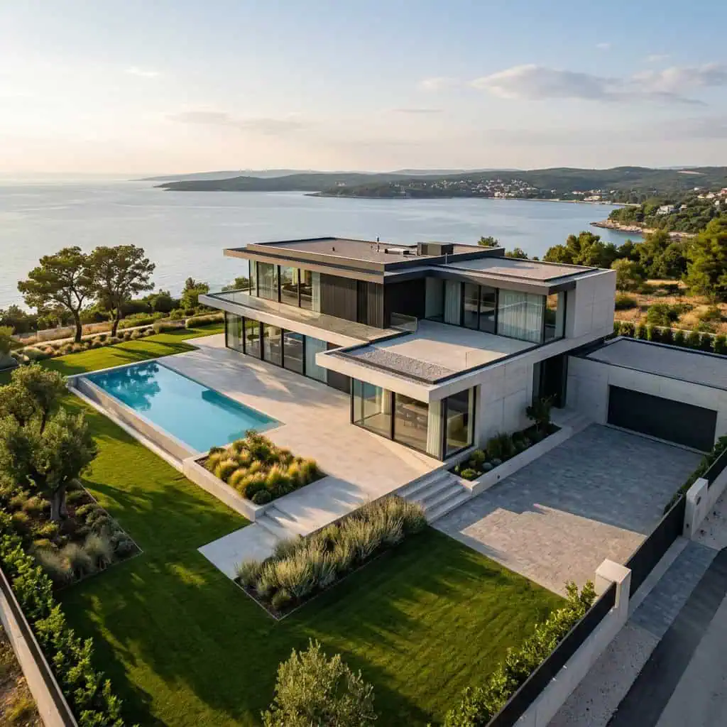 A stunning modern lakeside villa featuring an infinity pool, expansive glass windows, and beautifully landscaped gardens overlooking a serene lake and distant hills.