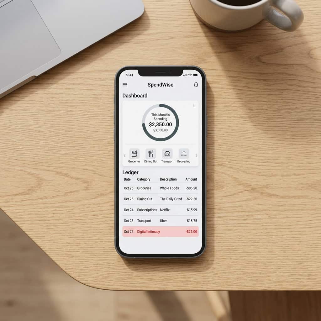 SpendWise budgeting app on a smartphone showing total monthly expenses and detailed ledger entries.