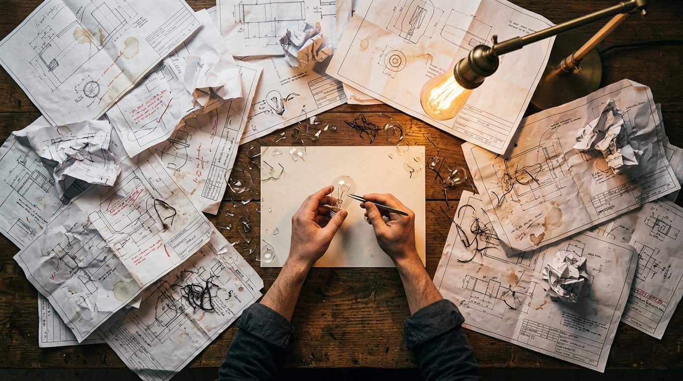 A person working on a creative project surrounded by sketches, blueprints, and crumpled papers on a wooden table, illuminated by a warm desk lamp.