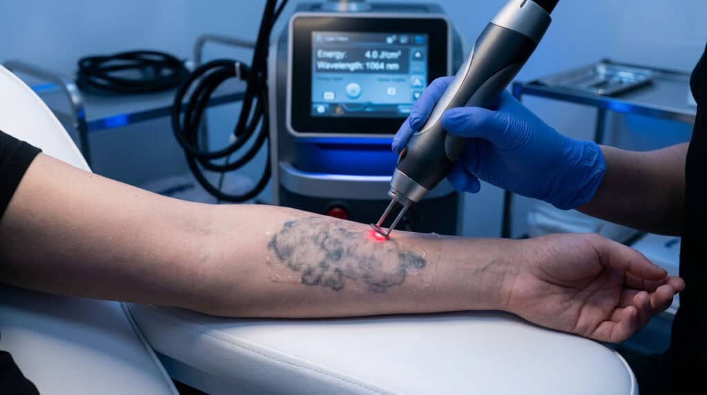 Laser skin treatment for tattoo removal or skin rejuvenation, showing a technician using a laser device on a patient's forearm in a clinical setting.