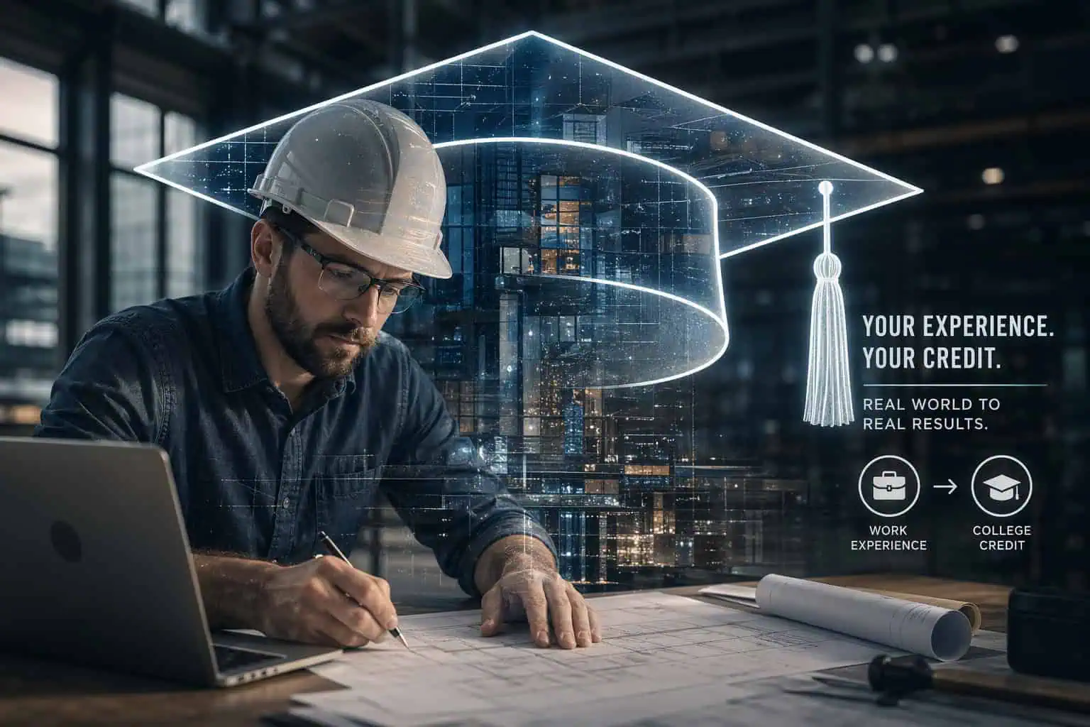 Double exposure image showing professional work tools merged with academic graduation symbols.