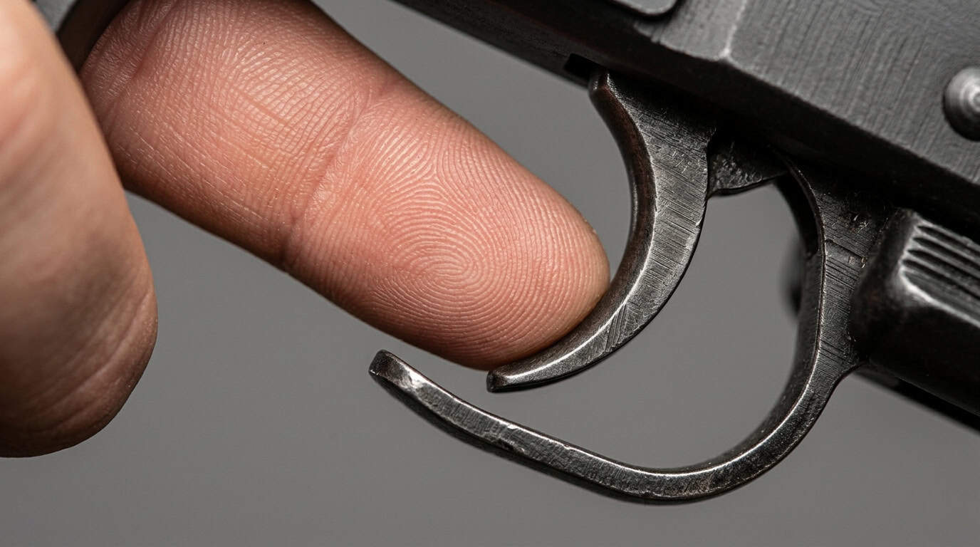 Close-up of a person's finger resting outside the trigger guard of a handgun, emphasizing safe firearm handling practices.