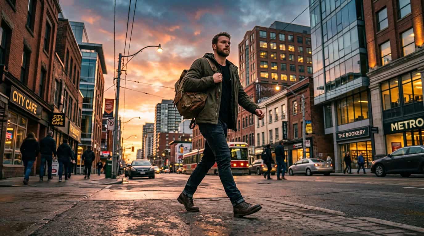 A man micro-exploring city streets with a confident and focused posture.