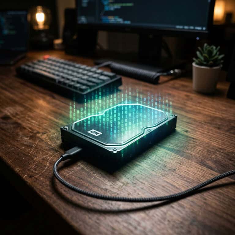 External hard drive connected to a computer with digital data stream visualization, representing data recovery and digital storage solutions.