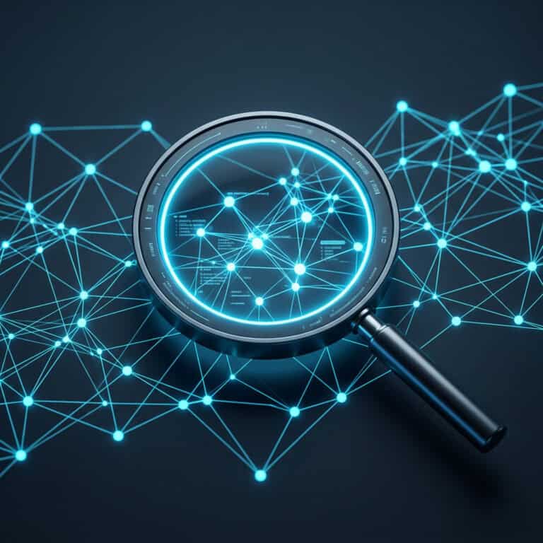 Magnifying glass highlighting interconnected digital nodes and data points in a network.
