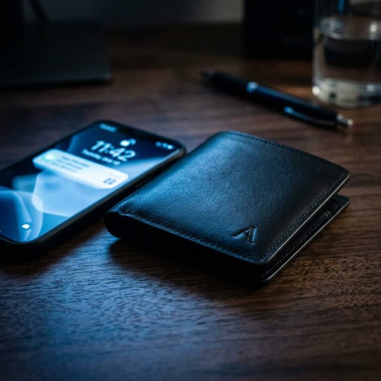 A sleek black leather wallet placed next to a modern smartphone displaying notifications, with a pen and a glass of water nearby, creating a professional workspace scene.