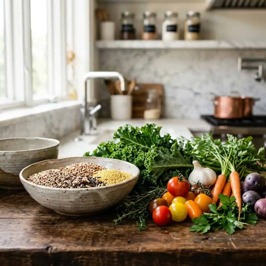 Fresh vegetables, garlic, and grains displayed on a rustic kitchen counter, emphasizing healthy eating and organic food.