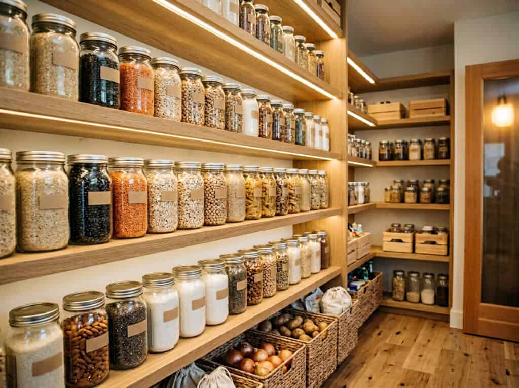Healthy food storage with jars of grains, nuts, and dried beans on wooden shelves.