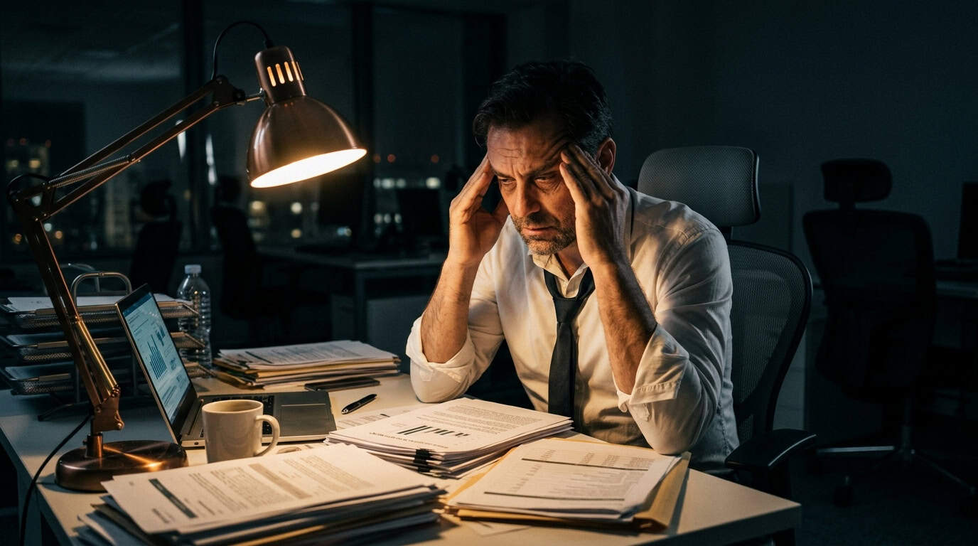 Frustrated man holding his head in stress at a cluttered office desk during late-night work, highlighting work-related fatigue and mental strain.