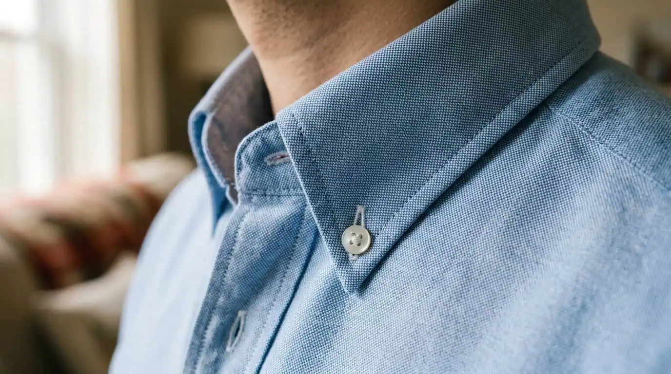 A close-up texture shot of a high-quality Oxford shirt, a smart casual staple.