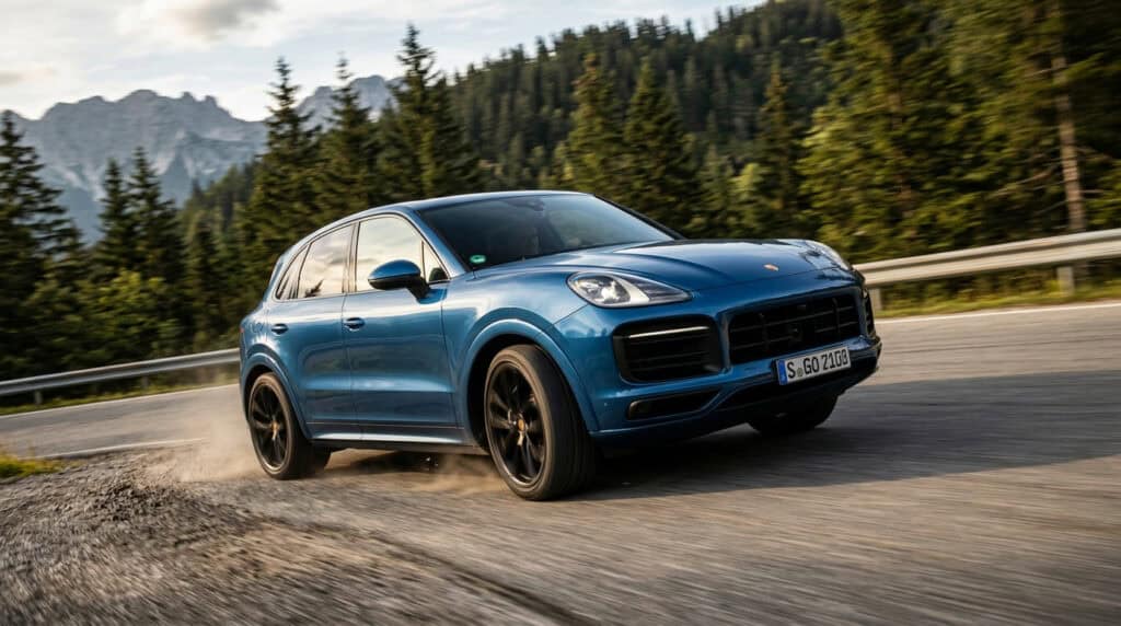 A blue luxury SUV driving on a mountain road surrounded by dense pine forests and mountain peaks in the background.
