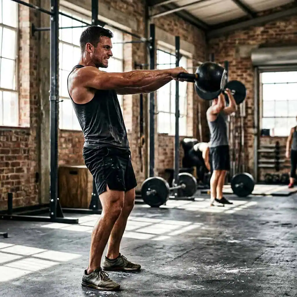 Man lifting a kettlebell in a gym with brick walls and large windows, demonstrating strength training.
