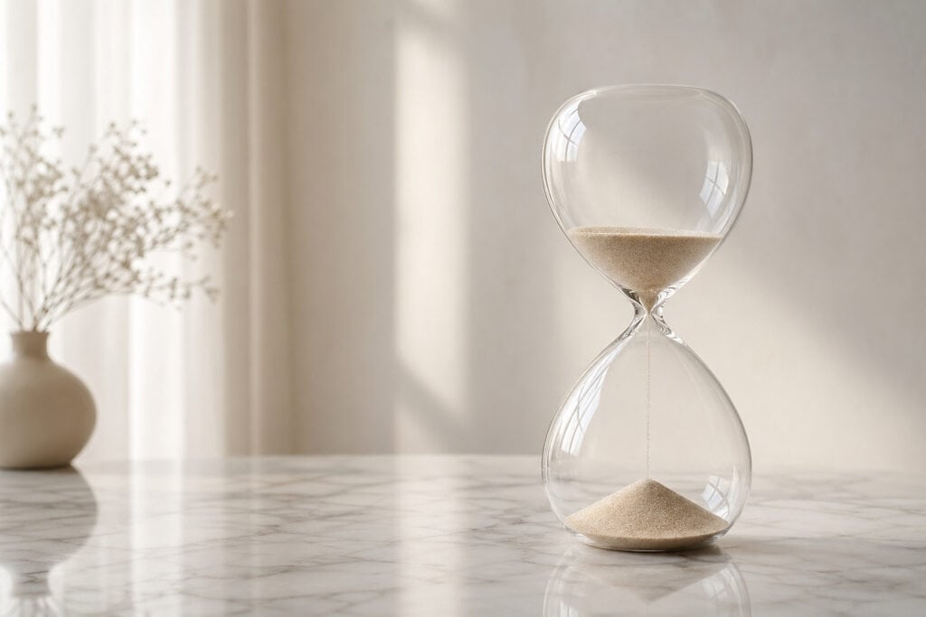 Sand timer, hourglass, time management, productivity, minimalist decor, modern interior, home office, workspace accessory, elegant design, functional decor.