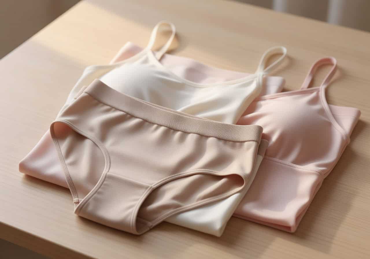A close-up view of folded, ultra-soft and smooth seamless intimate apparel premium fabrics.