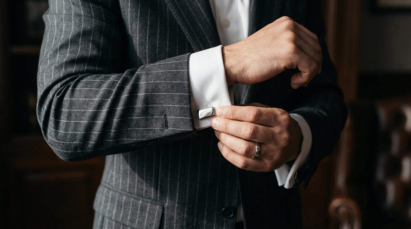 Close-up of a professional man adjusting a silver cufflink on a sharp pin-striped jacket.