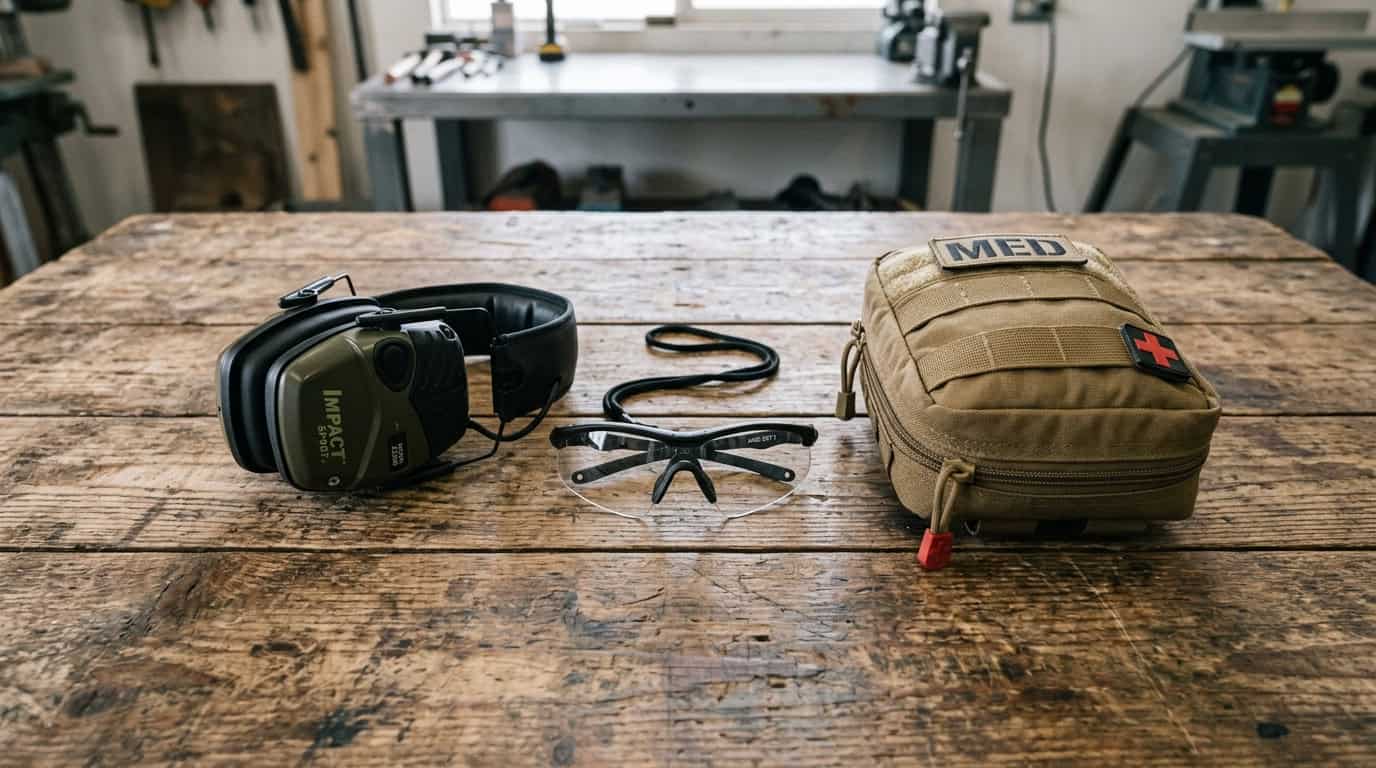 Safety equipment including a headset, glasses, and a medical kit on a rustic wooden table, emphasizing workplace safety and preparedness.