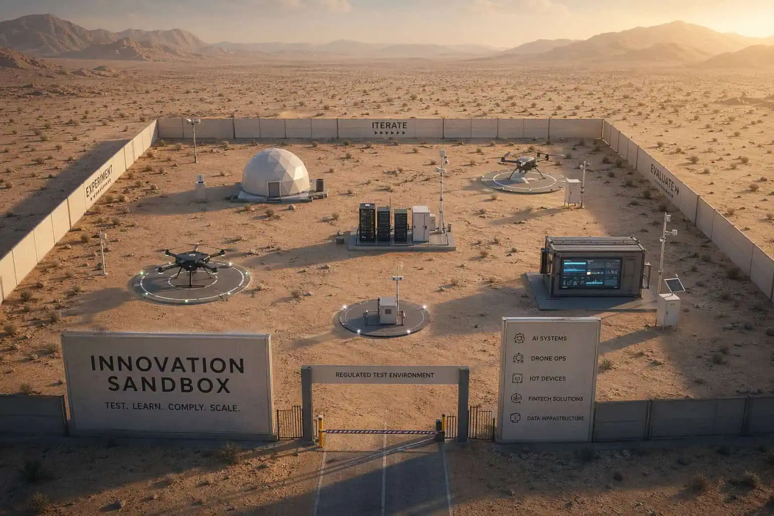 Innovation sandbox in a desert environment with drones, testing equipment, and a geodesic dome for space and drone technology experiments.