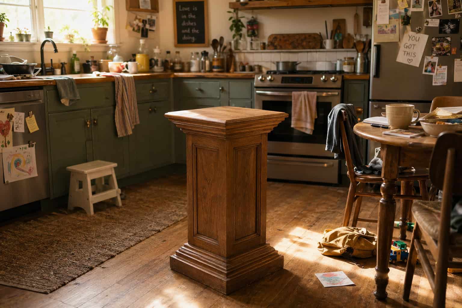 A cozy, lived-in kitchen featuring rustic wooden furniture, a central wooden pedestal, and warm sunlight streaming through the window, creating a welcoming and homely atmosphere.