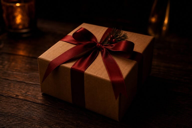 Elegant holiday gift box wrapped in brown paper with a red satin ribbon and pine sprig, placed on a rustic wooden surface for festive occasions.