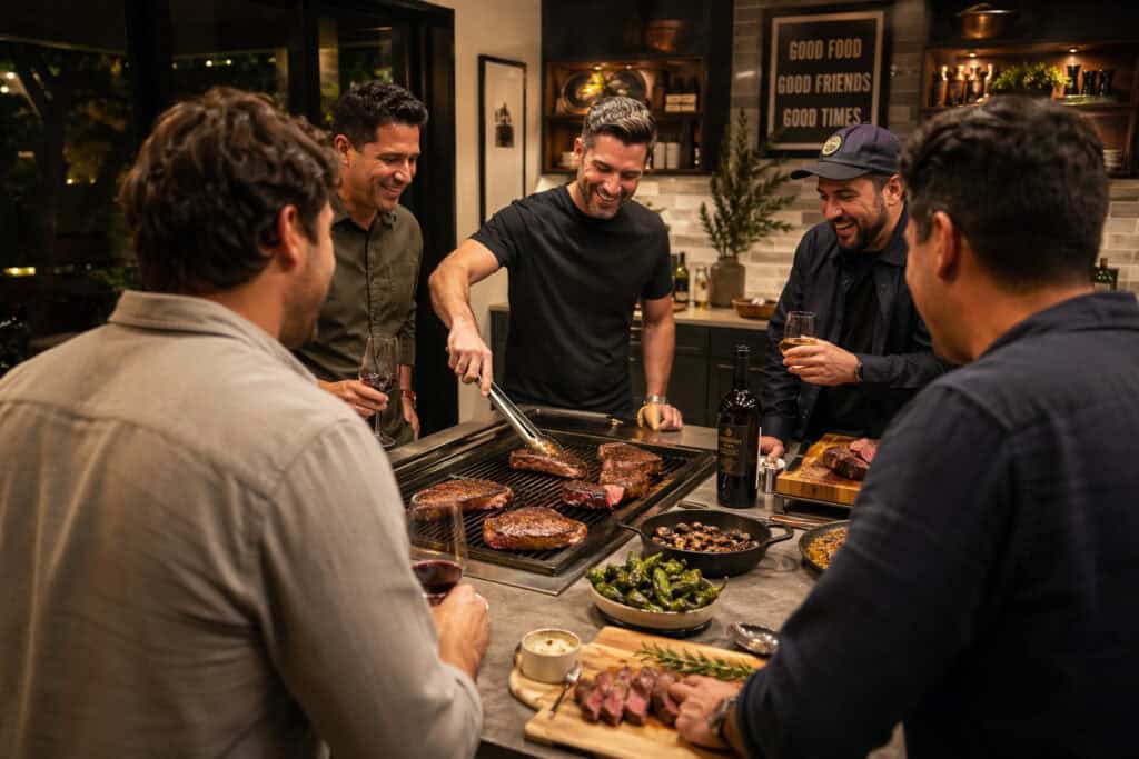 Group of friends enjoying a steak dinner and grilling outdoors at night, sharing food and drinks in a cozy, well-lit kitchen setting.