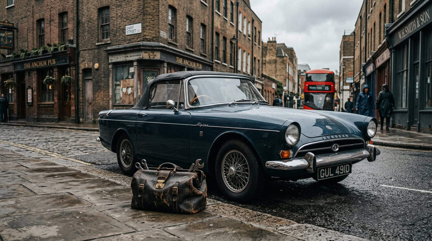 Vintage black convertible car parked on a wet city street in London, with a leather bag on the ground nearby. The scene features historic brick buildings, a red double-decker bus, and pedestrians, cap.