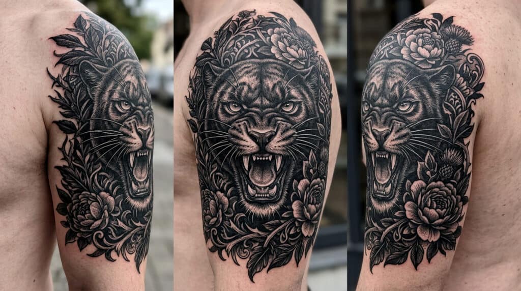 A detailed black ink tattoo of a fierce panther's face, surrounded by floral elements, covering the upper arm. The design emphasizes strength and elegance, showcasing expert tattoo artistry.