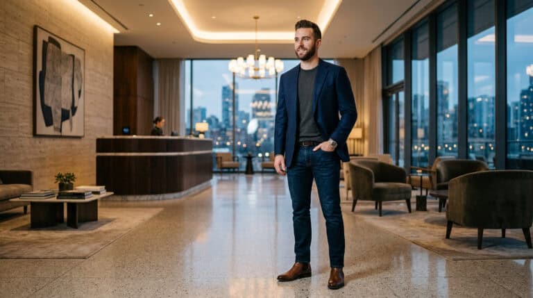 Elegant man in a tailored navy suit standing confidently in a contemporary office lobby with large windows and city skyline view.