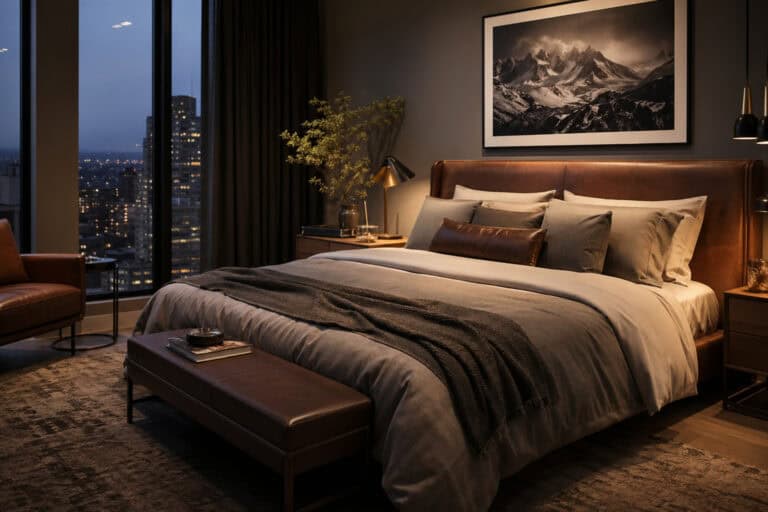 Modern city bedroom with large window view, stylish decor, and cozy bedding. The room features a comfortable bed, nightstands, and cityscape views, creating a luxurious and relaxing atmosphere.