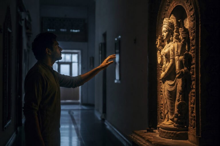 A man in a dimly lit corridor examining an intricate ancient stone sculpture of a deity, highlighting curiosity and cultural appreciation.