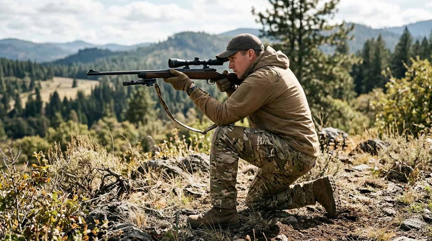 Marksmanship student in a kneeling stance using bone structure to support a rifle.
