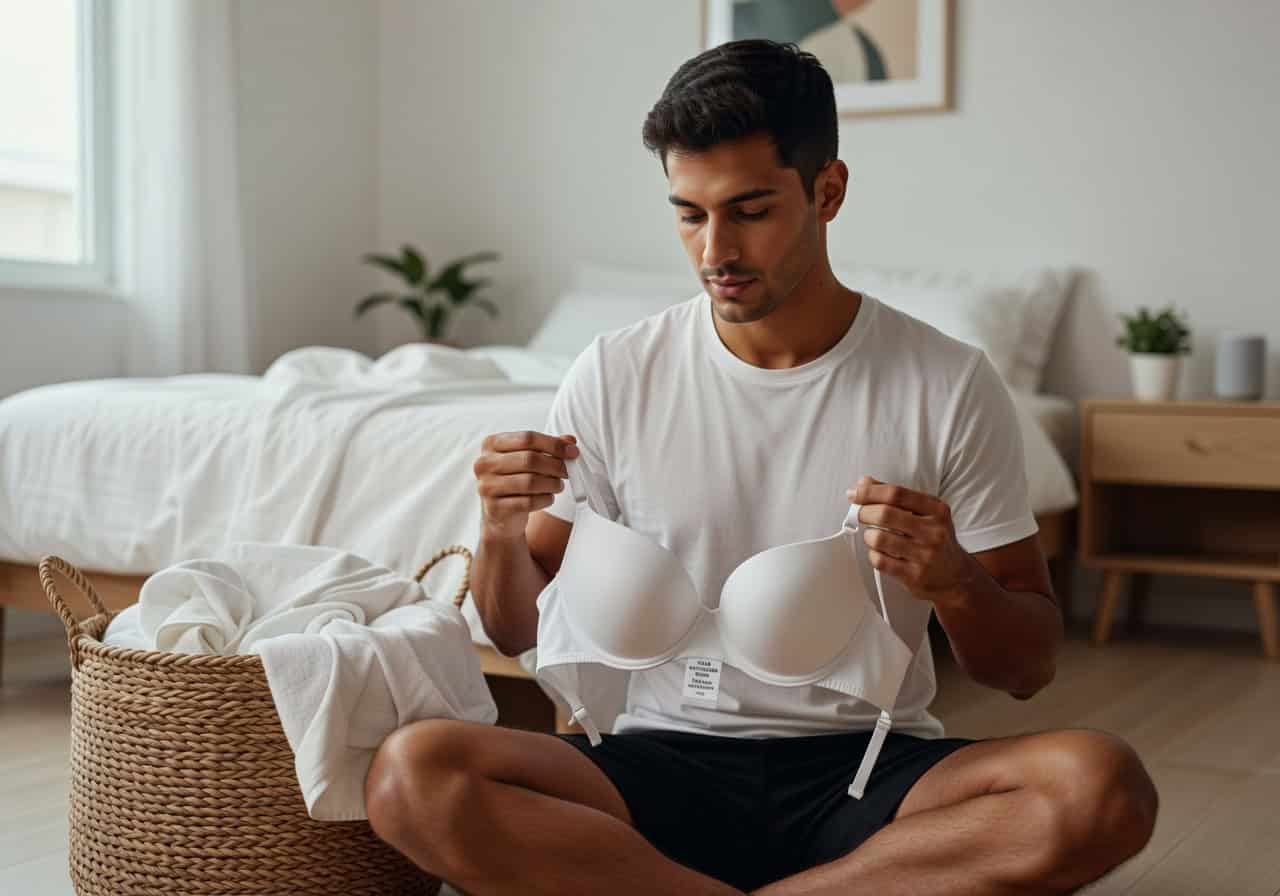 A man thoughtfully checking the sizing tag on everyday underwear while doing household laundry.