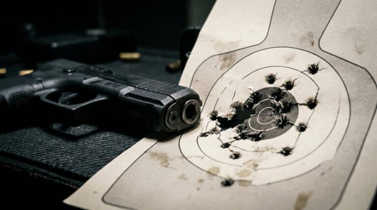 Close-up of a handgun and a paper target with multiple bullet holes, highlighting firearm accuracy and shooting practice.