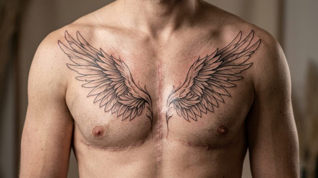 Close-up of a man's chest with detailed black ink tattoo of angel wings spanning across the pectoral muscles.