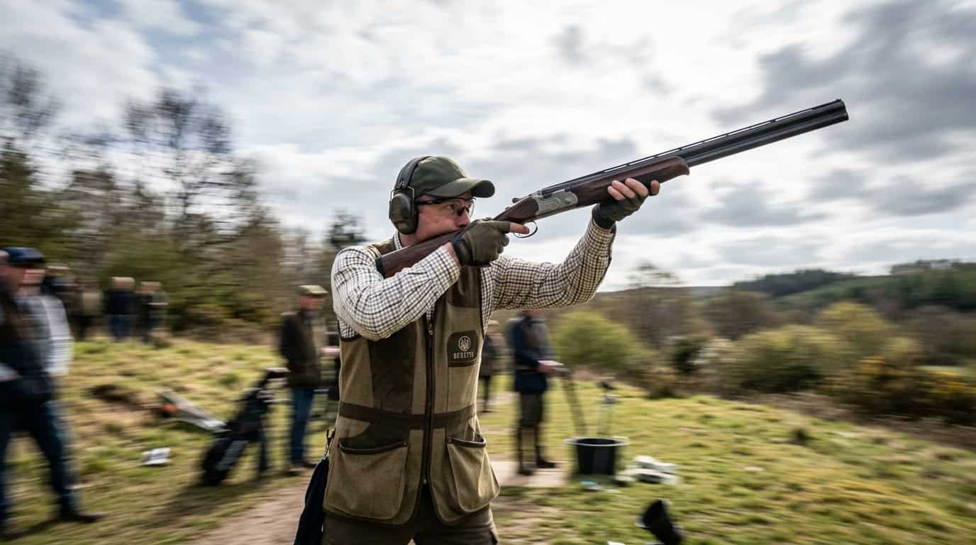 A shooter dynamically swinging a shotgun against the sky to track a moving clay bird.